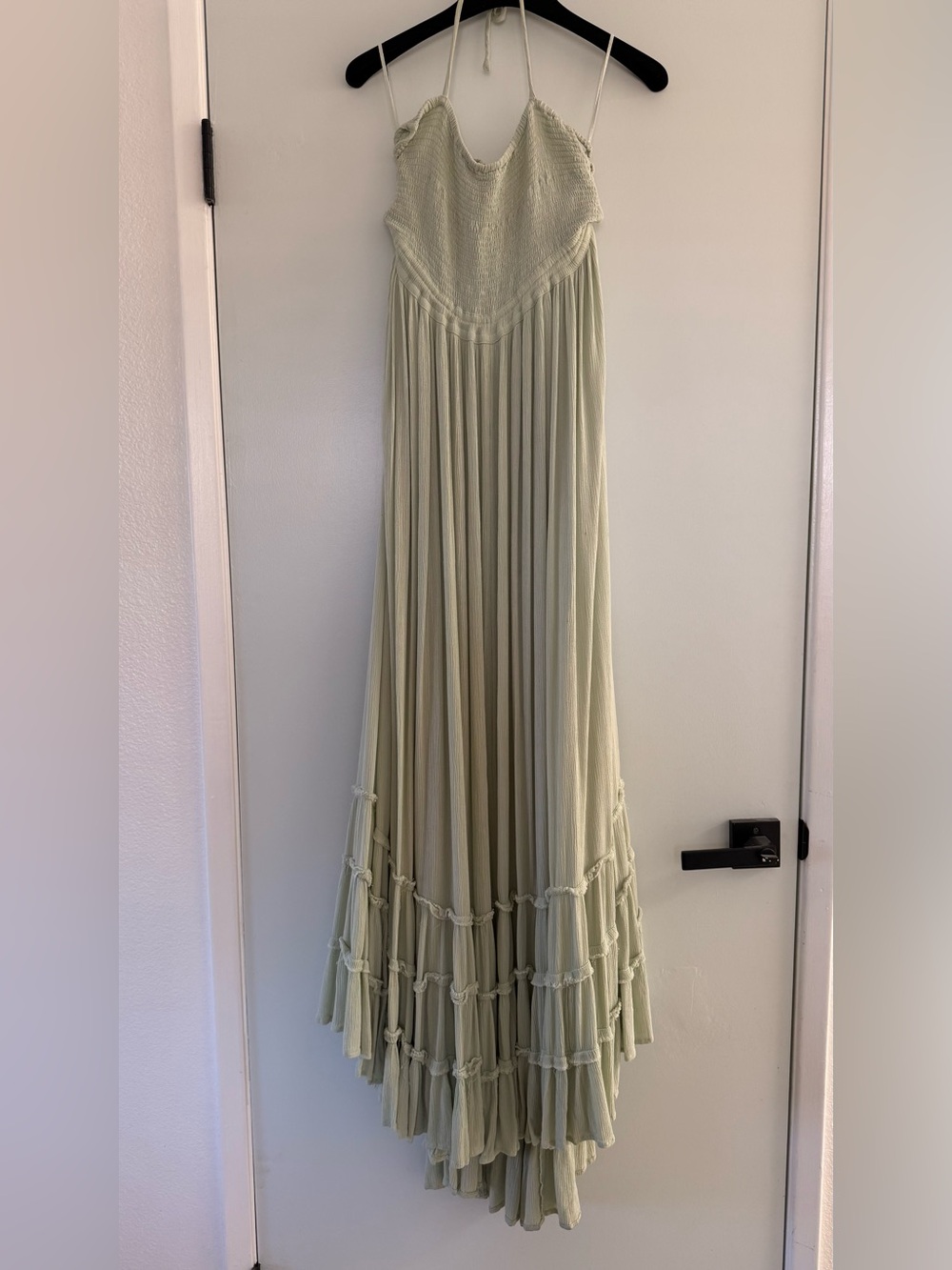 Free People Light Sage Maxi Skirt with Pleated Tiered Ruffles